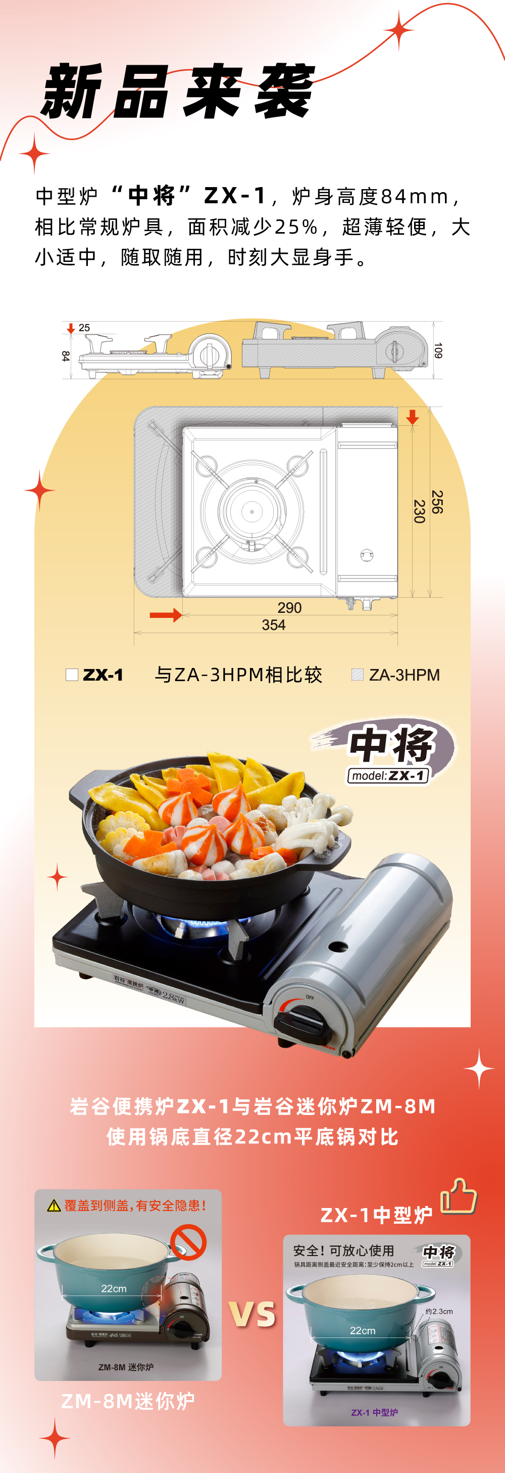 巖谷便攜爐ZX-1，爐身高度84mm，相比常規爐具，面積減少25%，
超薄輕便，大小適中，隨取隨用，時刻大顯身手。